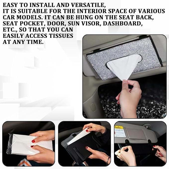 Bling Car Sun Visor Tissue Box Holder, Napkin and Face Mask Storage Box for Cars, Upgraded PU Leather Tissue Box with Crystal Rhinestones, Car Decoration Accessories for Women (Red)