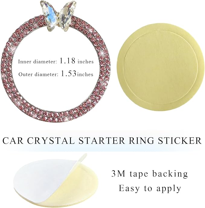 DXNQ 2PCS Bling Ring Emblem, Sparkling Butterfly Car Buttons and Knobs Ring, Girly Butterfly Diamond Car Engine Start Button Cover, Key Ignition Knob Rings Decoration for Women (Pink, Double Row)