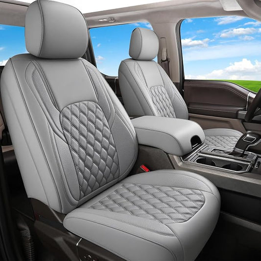 Huidasource F150 F250 F350 Front Seat Covers, 360° Full-wrap Car Seat Cushion Cover Fit for Ford F150 2015-2026&F250 F350 F450 2017-2026 All Cab XL XLT Lariat King Ranch Platinum(Front Pair/Gray)