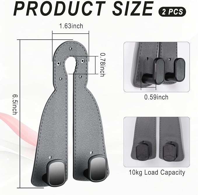 Headrest Hooks for Car 2 Pack, Upgraded Double Metal Hooks with Leather Cover, Car Seat Back Storage Organizer with Anti-Drop Design, for Purses, Handbags, Coats, Groceries (style2)