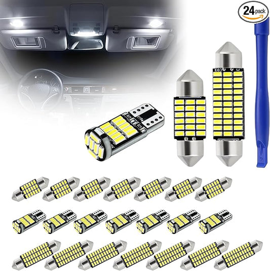 24 PCS Car LED Lights Interior Kit, T10 31mm 41mm LED Dome Lights Interior Replacement for Car Map, License Plate, Door, Side Marker, Cornering & Trunk Bulbs (Cool White)