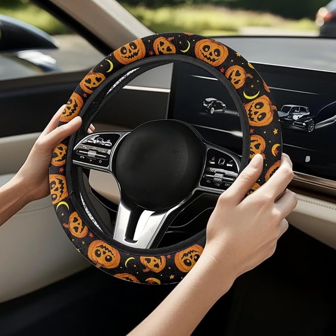 Wanyint Halloween Car Steering Wheel Cover 15 Inch Universal Breathable Soft Anti-Slip Auto Accessories Steering Wheel Protector Fit for Most Vehicles, Pumpkin Moon Star