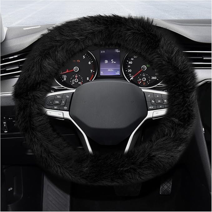 Fluffy Steering Wheel Cover, 15 Inch Anti-Slip Microfiber Plush Fuzzy Steering Wheel Cover, Winter Warm Elastic Fuzzy Steering Wheel Covers for Women and Men, Car Accessories (Black)
