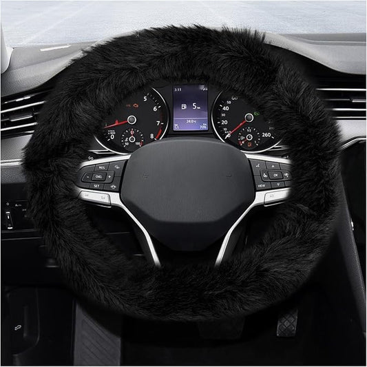 Fluffy Steering Wheel Cover, 15 Inch Anti-Slip Microfiber Plush Fuzzy Steering Wheel Cover, Winter Warm Elastic Fuzzy Steering Wheel Covers for Women and Men, Car Accessories (Black)