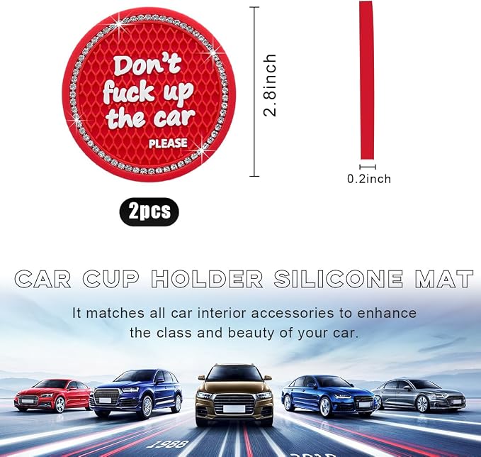 Ohleats Bling Car Cup Coaster, 2.75 Inch Non-Slip Don't Fuck Up My Car Please Cup Holder Insert Coaster, Crystal Rhinestone Auto Drink Cup Mat, Universal Car Accessories (Red-4PCS)