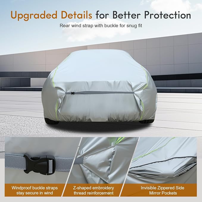 Tecoom Car Cover Waterproof All Weather, Windproof UV Sun Rain Snow Protection Outdoor Full Cover with Top Reflective Strip, Door Zipper, Fit for Coupe/Convertible/Sport Cars (183-193 Inches)