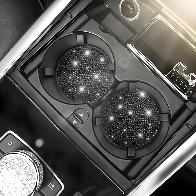 Osilly Bling Car Cup Holder Coaster, Crystal Rhinestone Anti-Slip Insert Coasters, Universal 2.75 Inch Fashion Automotive Cup Mat, Car Interior Accessories Decor Gifts for Women (Black, 4PCS)