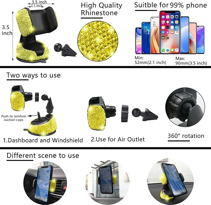 NBTEPEM 27 PCs Yellow Bling Car Accessories Set for Women, Steering Wheel Covers Universal Fit 15 Inch, Bling License Plate Frame, Bling Phone Holder, Bling Car Coasters (Yellow Diamond)