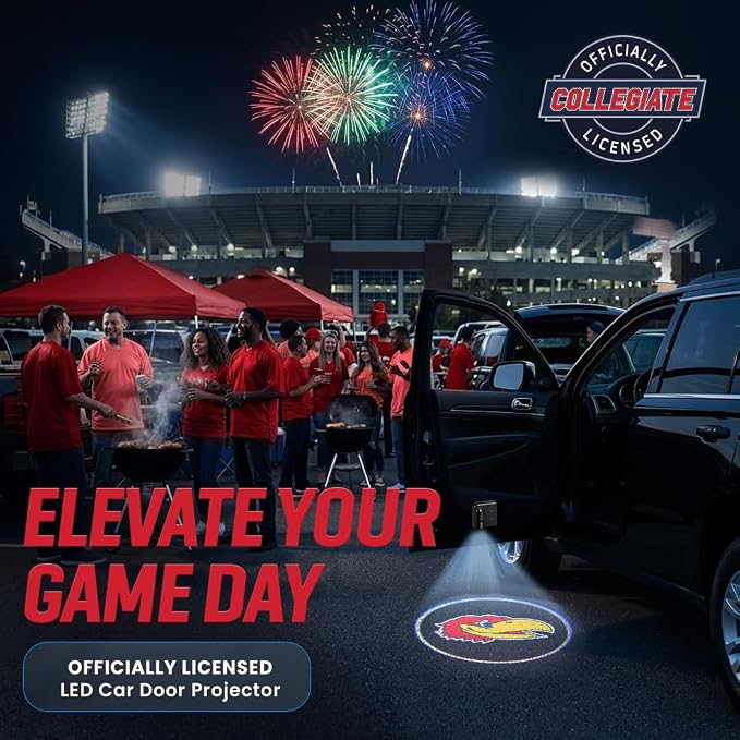 Sporticulture American Football Kansas Car Door Lights Logo Shadow Display - Officially Licensed NCAA Car Accessories - Show Your Team Pride - Battery Powered, Universal Fit