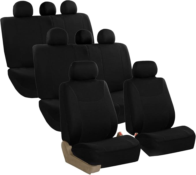 FH Group Universal Automotive Seat Covers 8 Seater Set | Light & Breezy Flat Cloth Washable Car Seat Cover for SUV, Sedan, Truck | Airbag Compatible Interior Upgrade - Black