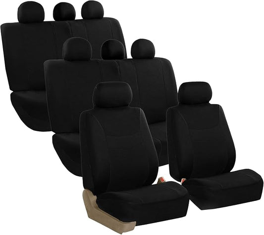 FH Group Universal Automotive Seat Covers 8 Seater Set | Light & Breezy Flat Cloth Washable Car Seat Cover for SUV, Sedan, Truck | Airbag Compatible Interior Upgrade - Black