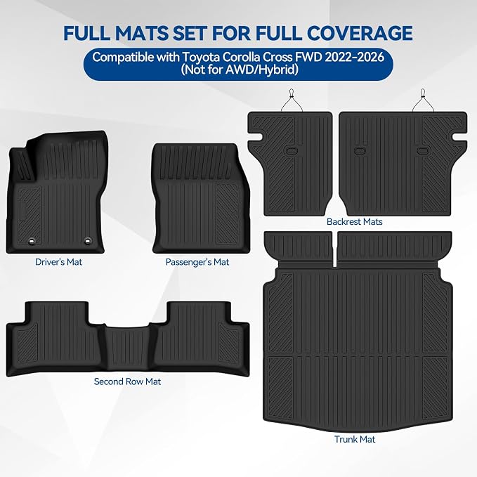 Custom Fit Floor Mats for Toyota Corolla Cross Gas FWD 2022-2026 | (Not for AWD/Hybrid) All Weather TPE Floor Liners with Trunk Mat & Backrest Protectors | Full Set Interior Accessories