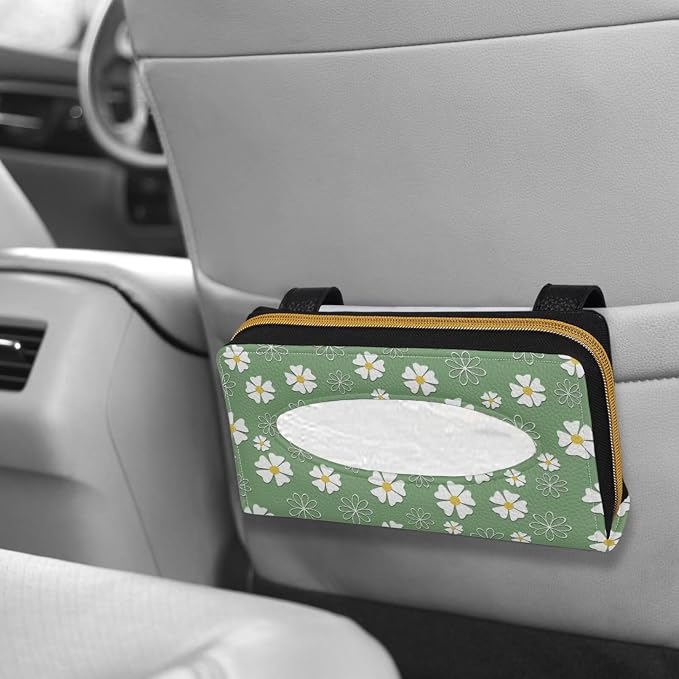 Daisies Backseat Tissue Case Holder Hanging Visor Tissue Holde PU Leather Tissue Box Napkin Holder Green