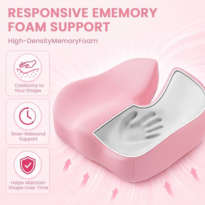 CJACSOC Seat Cushion, Extra Large Memory Foam Cushion for Office Chair Cushions, Ergonomic Cushions Pad Pillow for Pressure Relief Sciatica & Pain Relief for Long Sitting, Pink