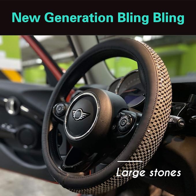 PINCTROT Bling Bling Comfy Steering Wheel Cover with Jumbo Crystal Rhinestones, Anti-Slip Diamond Leather, Universal 15 Inch (Black)