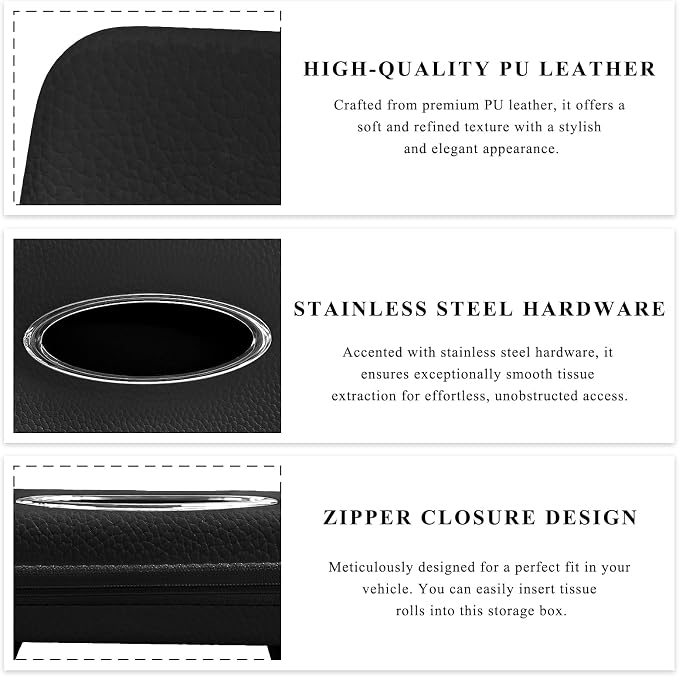 Car Tissue Holder, Microfiber Leather Auto Sun Visor Napkin Box with Zipper & Hooks, Universal Backseat Tissue Dispenser Case Visor Napkin Holder for Sedans Trucks SUVs (Black)