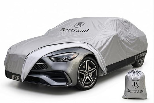 BERTRAND Heavy Duty Sedan Car Cover Waterproof All Weather - Snow, Rain & UV Outdoor Protection | Cotton-Lined, Up to 10-Point Anchoring + Door Zipper | Large Sedans, Silver-Black (185x71, A2)