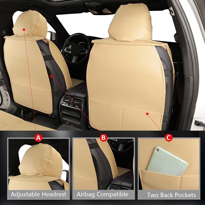 MIROZO Seat Covers Full Set, Leather Car Seat Cover Breathable Seat Protector Waterproof Automotive Seat Covers Non Slip Front & Rear Seat Cushion Universal for Most Sedan Truck,SUV (Beige)