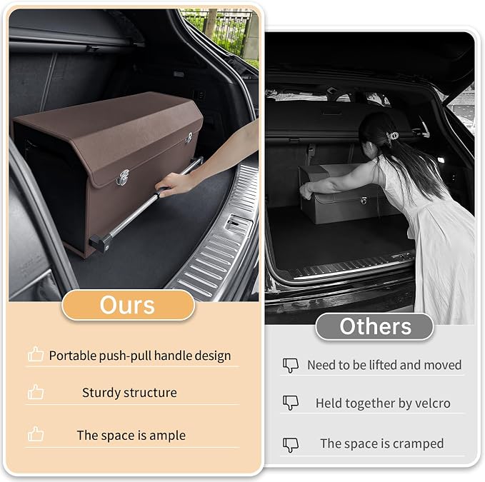 Trunk Organizer for Car with Lid Leather Trunk Organizer Car Organizer | SUV Trunk Organizer with Push-pull Handle Car Trunk Storage Organizer for Minivan, Truck, Sedan (Brown, 27.1 x 11.4 x 12.2in)