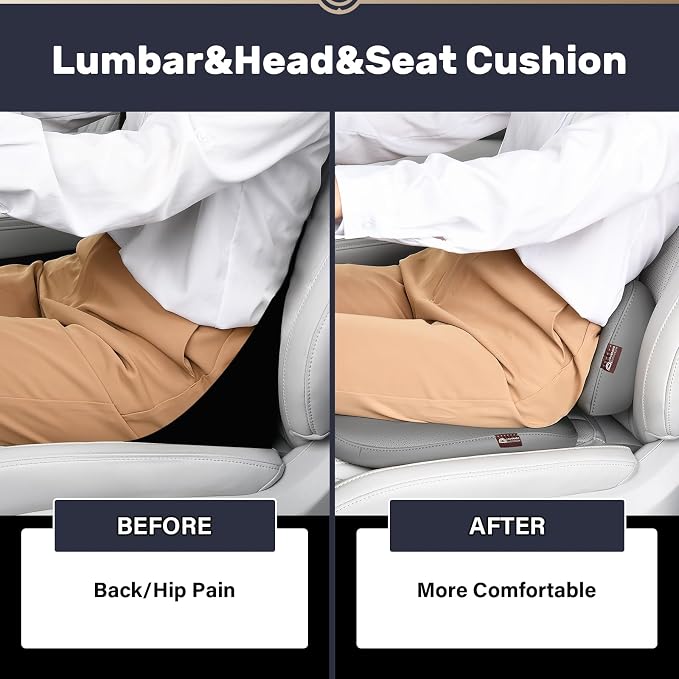 Coverado Seat Cushion and Lumbar Support Pillow for Driving Seat, Neck Headrest Pillow with Adjustable Strap, Soft and Breathable PU Leather, High Density Memory Foam for Neck & Lower Back Pain Relief
