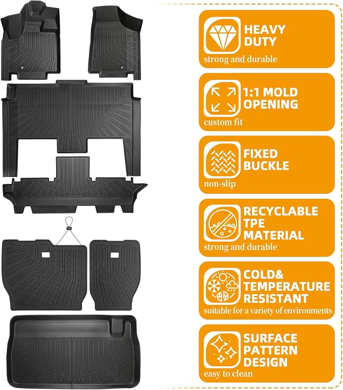 Floor Mats for Chrysler Town & Country 2008-2016(ONLY Stow'n Go) | for Dodge Grand Caravan 2008-2015 2016 -2018 2019-2021,TPE Custom Floor Liners & Seatback Mat & Cargo Liner