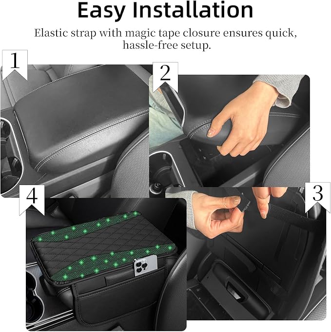 NBTEPEM Bling Car Center Console Cover, Leather Middle Console Cover with 2 Storage Bags, Universal Arm Rest Cover Protector, Bling Car Accessories Interior Fit for Most Vehicles, Green Diamond