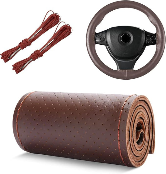 Genuine Leather Steering Wheel Cover, 15 Inch Stitch on Wheel Wrap with Needles & Threads, Breathable Steering Wheel Protector DIY Sewing Wrap for Car Truck SUV (Coffee, Full Hole)