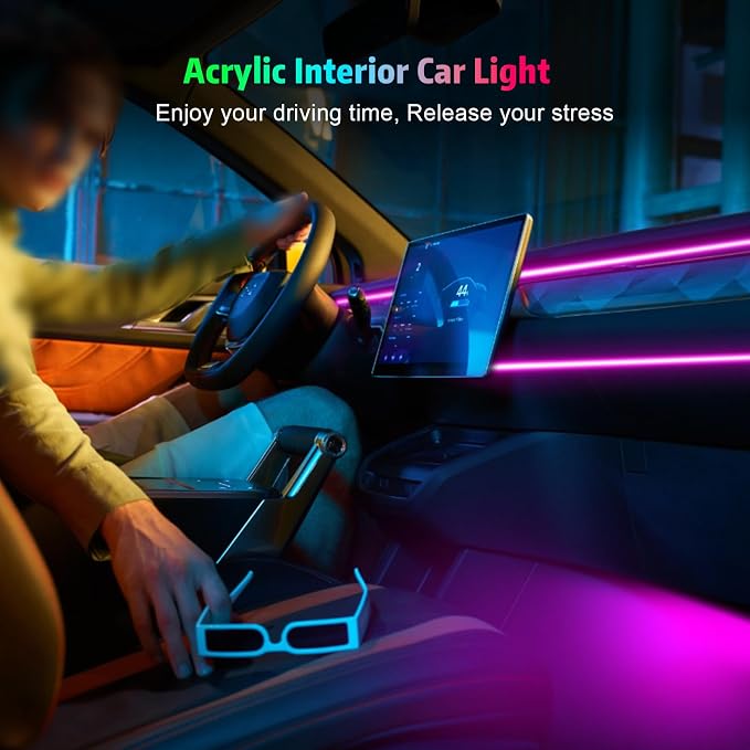 Acrylic Interior Car Lights, AMKI Car LED Strip Light with APP Control, Accessories Car Ambient Light Kit with RGB 14 in 1 and 175 inches 593 LEDs, 16 Million Colors Music Active Neon Lighting