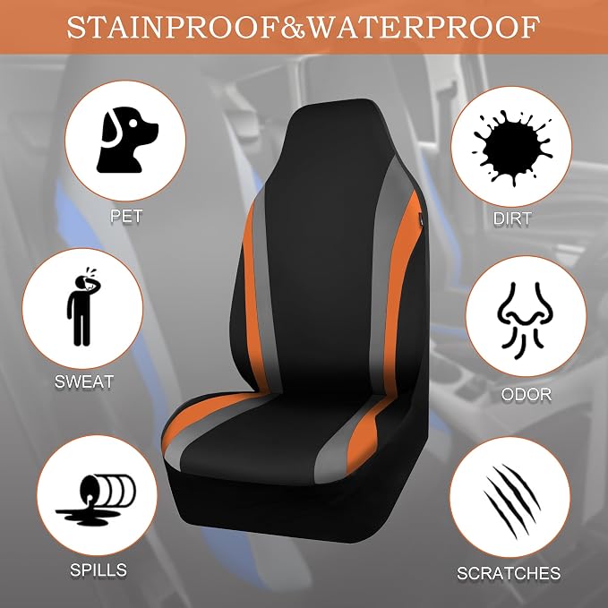 CAR PASS AquaShield Neoprene Waterproof Car Seat Covers Front Seats Only, High Back Bucket Seat Cover,Airbag Compatible,Seat Covers for Women Girl, Universal Fit for Auto Truck Van SUV (Black Orange)