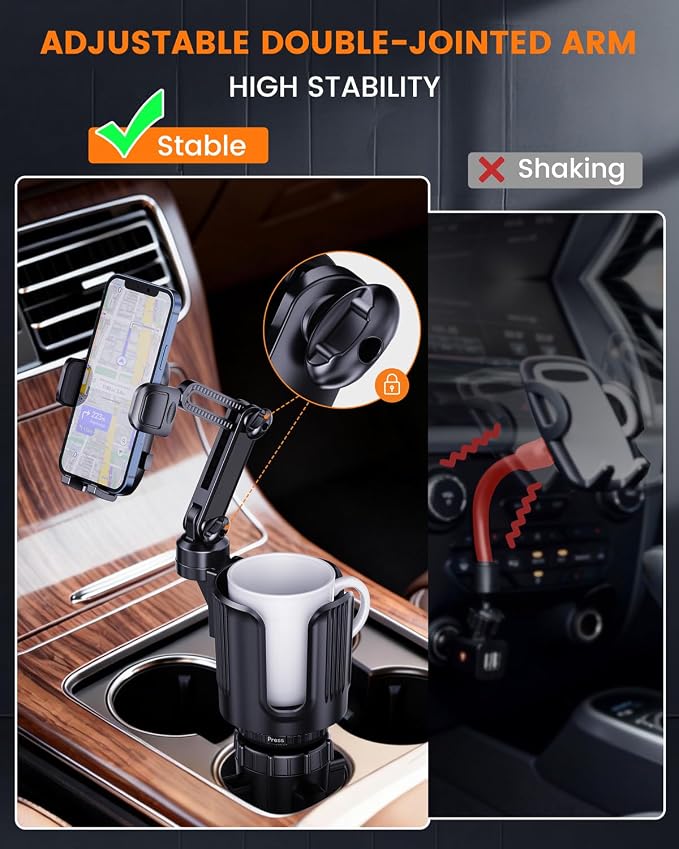 Cup Phone Holder for Car with Expandable Base, Upgraded 2 in 1 Hands Free Cellphone Holder Cupholder Car Mount, Stable Retractable Long Arm Universal Fit iphone and Large Bottle, for Truck SUV