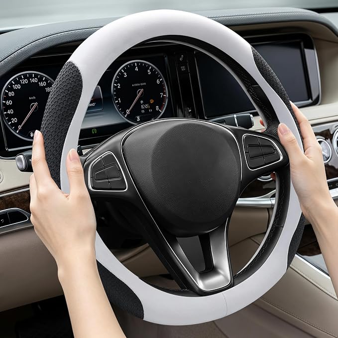 Premium Nappa Leather Steering Wheel Cover, Universal, Comfort Grip, Anti-Slip Breathable, Compatible with 14.5-15 in Steering Wheel Protector, White