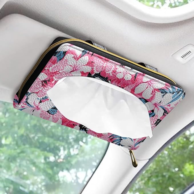 Pink Tropical Flower Car Visor Tissue Holder for SUV Sedans Vans Tropical Flower Premium Car Tissue Box PU Leather Wear Proof Universal Fit