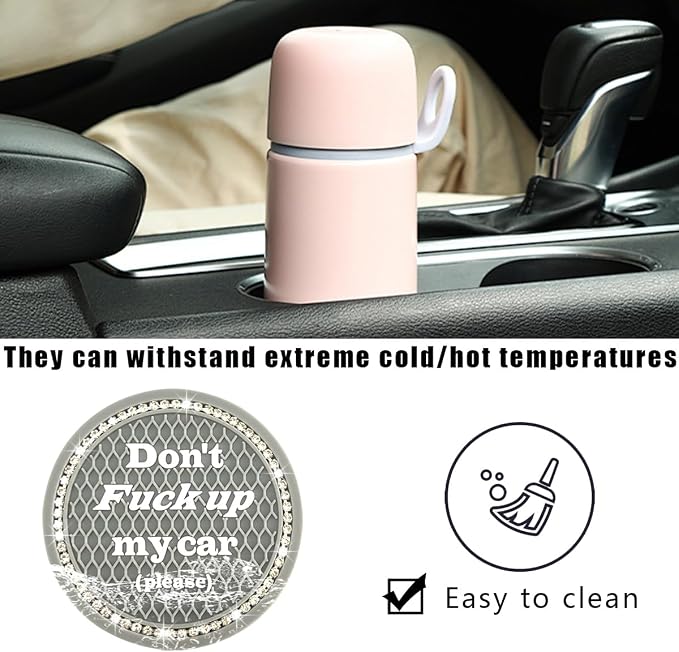 2 PCS Bling Car Cup Coaster, 2.75 Inch Anti-Slip Cup Holder Insert Coasters, Crystal Rhinestone Auto Drink Car Cup Mat for Women Girls, Universal Interior Car Accessories (Gray)