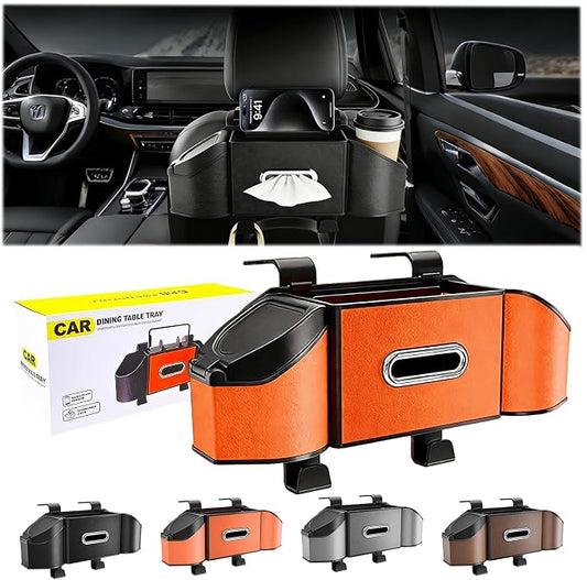2026 Upgrade 4-in-1 Car Organizer Back Seat, Leather Multifunctional Car Organizer and Storage Box with Cup Holders for Hold Phone, Snacks, Drinks, Handbag, Keep Your Ride Clean & Organized (Orange)