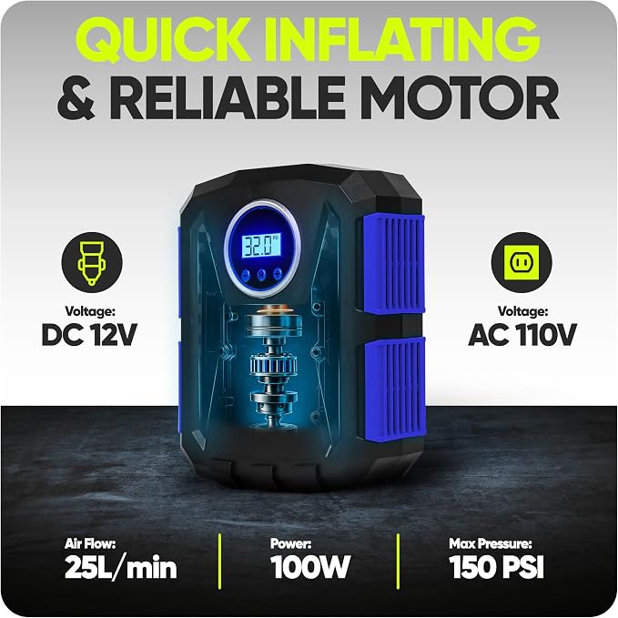FORTEM Tire Inflator Portable Air Compressor, Air Pump for Car Tires and Bikes, Car Tire Pump w/Auto Shut Off, 150 PSI, 110V AC 12V DC, LED Light, Carrying Case, Perfect For Men, Women
