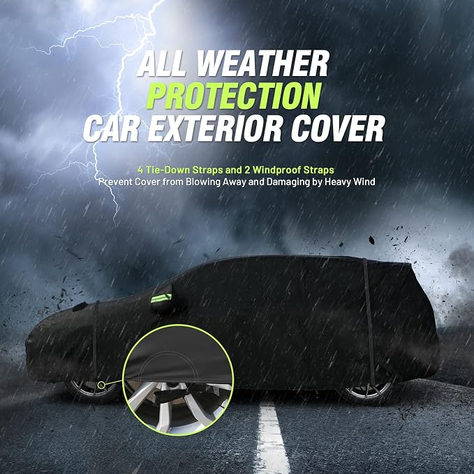 Favoto Car Cover Waterproof All Weather Windproof for Hatchback 157-171’’ | UV Protection, Soft Cotton Lining, Driver Door Zipper, Reflective Strips and Storage Bag Included with Vehicle Fitment Black