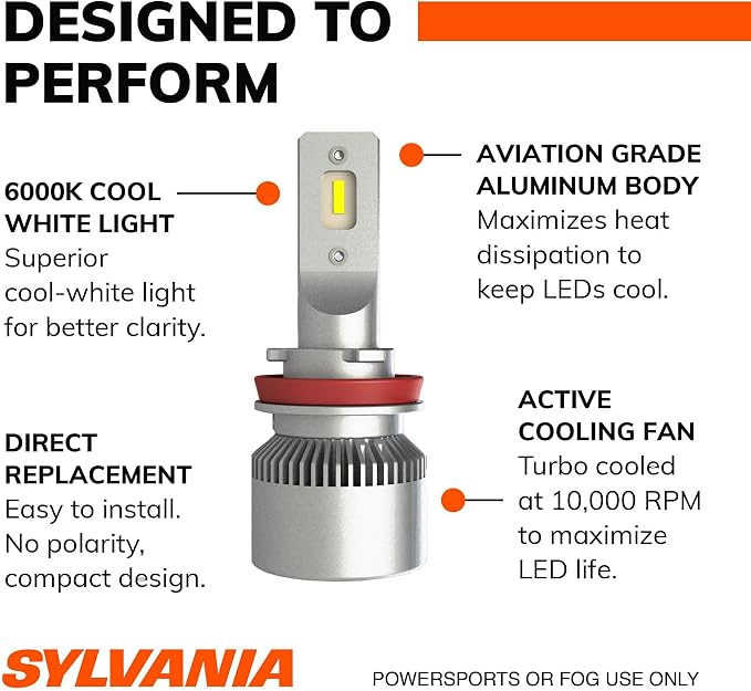 Sylvania H11 LED Powersport Headlight Bulbs for Off-Road Use or Fog Lights - 2 Pack