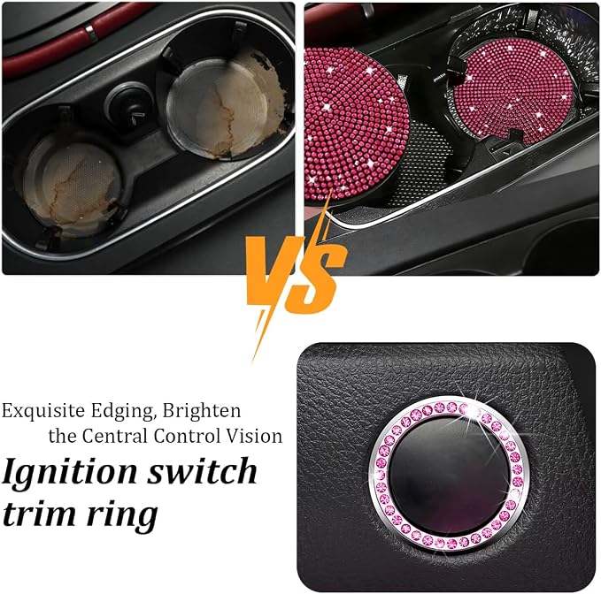 27PCS Bling Car Accessories Set for Women, 14.5-15" Crystal Rhinstone Steering Wheel Cover, License Plate Frame, USB Charger Phone Holder, Girly Auto Decor Kit, Universal Fit (Rose Red)