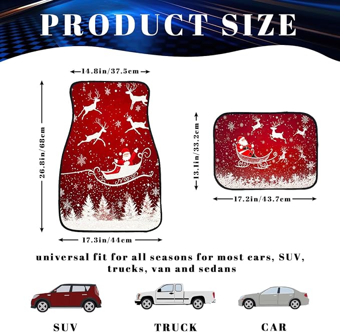 Christmas Car Floor Mats Set of 4 Snowflake Santa Claus Reindeer Red Automotive Car Floor Carpets Non-Slip Auto Car Accessories Universal Fit Car Accessories for Truck