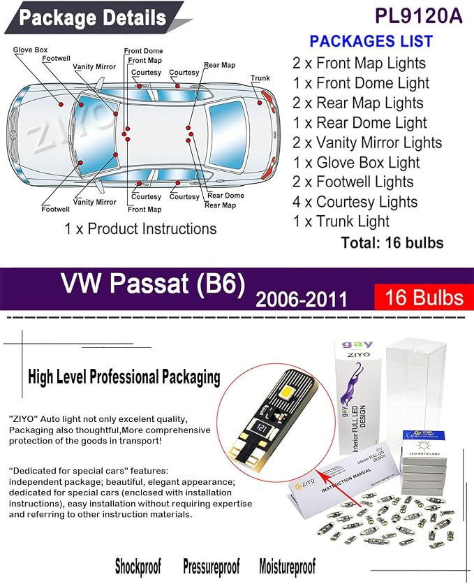 PL9120A Replacement for Volkswagen Passat B6 2006-2011 LED Interior Light kit, 6000K White Dome Light Bulbs Accessories Package Upgrade (16 Bulbs)