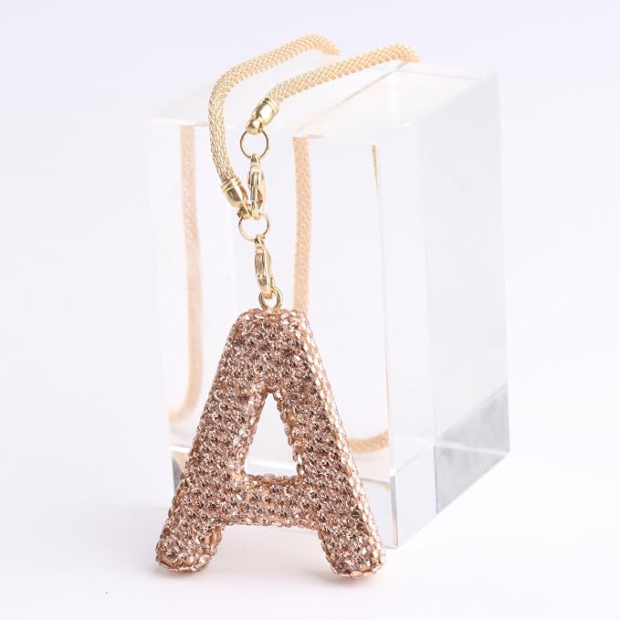 Bling Car Accessories for Women Letter Charm, Rainbow Crystal Rearview Mirror Pendant, Cute Diamond Rhinestone Car Decor, Lucky Gift for Women(A, Champagne Gold)
