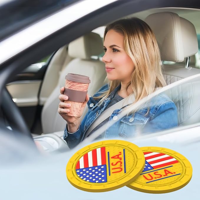 AUCELI 4 Pack Car Cup Holder Coasters, Colored American Flag US Flag Insert Car Cup Coaster, 2.75 Inch Anti Slip Shockproof Embedded Drink Mat, Vehicle Interior Decor Accessories