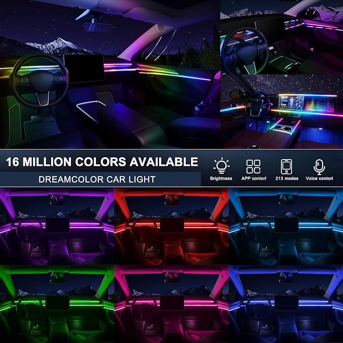 Interior Car LED Strip Lights, Acrylic LED Lights for Car with Dynamic Dreamcolor Chasing, Ambient Lighting Kits Music Sync Wireless APP and Remote Control (4 in 1)