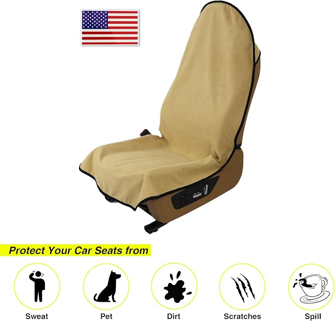 VSHIELD Waterproof Towel Car Seat Cover, Sweatproof Non-Slip Seat Protector, Universal Fit for Front Bucket or Rear Bench Seat of Cars, SUVs, Vans, Trucks, Compatible with Airbags and Armrests