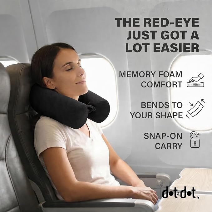 Dot&Dot Twist Memory Foam Travel Pillow, Bendable Neck Pillow for Airplane, Car and Home, 26-Inch Adjustable Roll with Washable Cotton Cover, Black