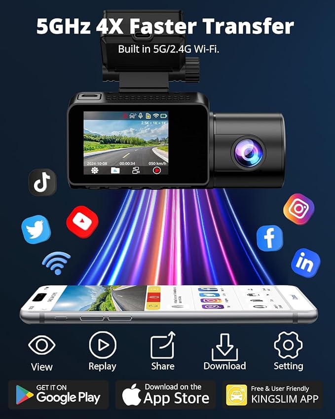 Kingslim 3 Channel 5G WiFi Dash Cam with 64GB Card, 2.5K/1080P Front and Rear Inside Dashcam, 2.5K/1080P/1080P Three Way Dash Camera for Cars Auto IR Night Vision, Loop Recording, APP Control(O3PRO)