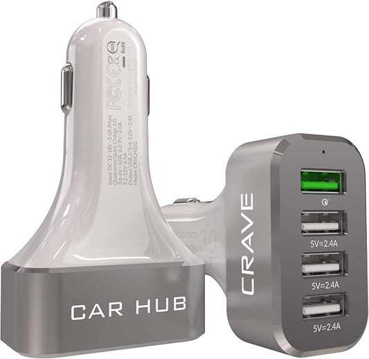 Crave CarHub 54W 4 Port USB Car Charger, Qualcomm Quick Charge 3.0 - White