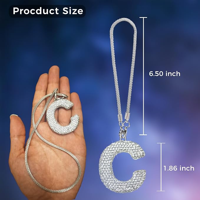 Bling Car Accessories for Women Letter Charm, Rear View Mirror Ornament Cute Hanging Crystal Pendant Girl Car Decorations, Lucky Diamond Rhinestone Girly Charm Interior (White C)