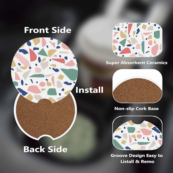Ceramic Car Cup Coasters 2PCS - Colored Marble | with Cork Back & Finger Slot, Anti-Slip Shock Absorbing, Universal Car Interior Accessories for Men Women