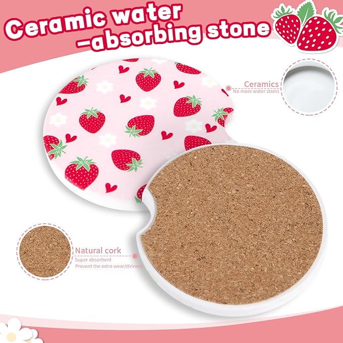 2 Pack Strawberry Car Coasters for Women Car Cup Holder Coasters, 2.63 Inch Anti Slip Ceramic Absorbent Coaster with Cork Base and Finger Notch, Cute Car Accessories Interior